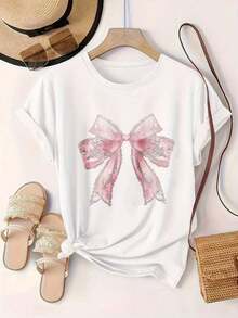 Women's Vintage Style Short Sleeve Casual T-Shirt - Pink With Bow And Floral Print, Round Neck, Summer Top, Machine Washable, Ladies' T-Shirts, Casual Wear, Modern Look, Comfortable Fit

BlackFashion - 白色 - 查看 2