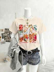 1 Pieza de Moda Casual para Hombres y Mujeres DEAR MOLLY Camiseta de Manga Corta con Cuello Redondo y Estampado de Playa de Verano, Adecuada para Fiestas, Reuniones y Varias Ocasiones, Para Todas las Temporadas, Un Regalo Ideal para Mamá, Casual para Vacaciones, Blanca, Versátil, fácil de combinar, adecuada para uso diario, estilo urbano, ropa de vacaciones, ropa de fin de semana. - Albaricoque - Ver 3