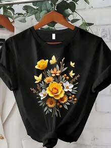 Ropa clásica de talla grande para mujer, camiseta con estampado de mariposas y rosas amarillas - manga corta, cuello redondo, estilo casual, adecuada para primavera, verano y otoño, lavable a máquina y cómoda, perfecta como regalo para Navidad, Acción de Gracias y Año Nuevo (estampado digital) Más vendida. - Negro - Ver 1