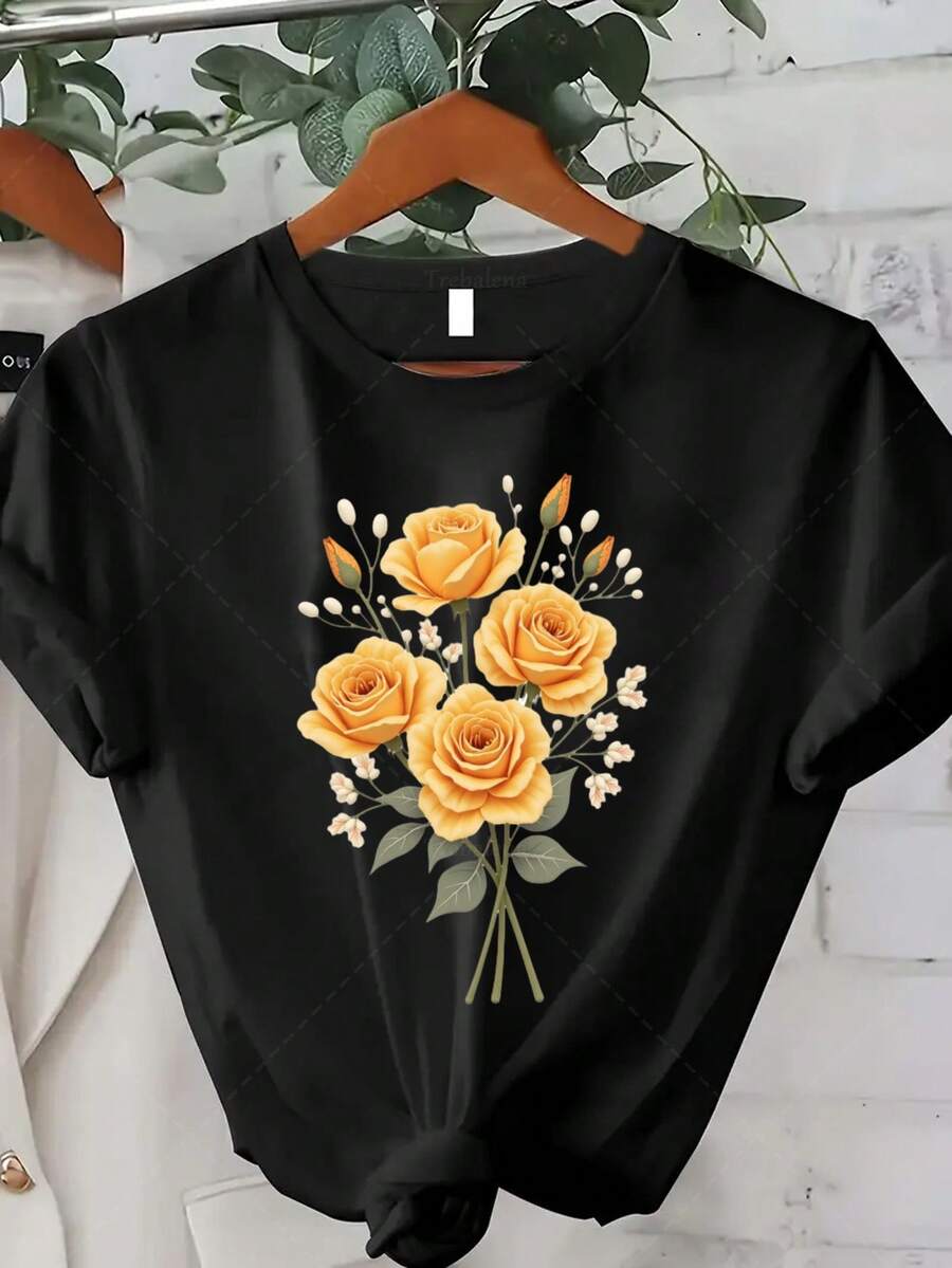 Classic Plus Size - Talla Grande - Camiseta de talla grande para mujer con estampado de rosas amarillas, perfecta para uso casual en verano. Este elegante top de estilo bohemio presenta un diseño de estampado moderno, con cuello redondo y mangas cortas. Más vendido - Negro - Ver 1