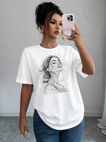 Plus Size Basic T-Shirts For Women - Casual Short Sleeve T-Shirts, Lightweight Essentials For Summer Wardrobe, Abstract Portrait Print T-Shirt For Women | Casual Short Sleeve Crew Neck Top, Suitable For Summer And Spring, Breathable And Comfortable Women's Clothing - 白色 - 查看 3