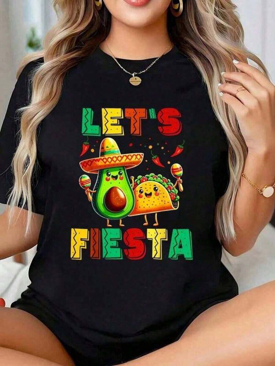 playeras de algodón mujer 1pscCamiseta de Algodón Premium 200g Negra Oversize Unisex con Estampado de cinco de mayo aguacate taco Cuello Redondo Manga Corta100%cotton ropa de mujer Daily home top - Negro - Ver 1