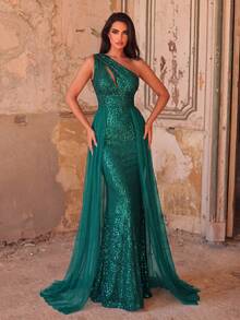 One-Shoulder Mesh & Sequin Dress, Elegant For Gala, Wedding Guest, Graduation Ceremony, And Other Formal Occasions - Dark Green - View 4