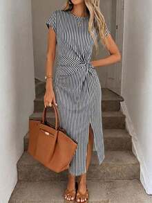 Vestido midi sin mangas con abertura alta, estampado elegante de lazo a rayas rosa, estilo minimalista casual; Vestido de punto de textura casual ajustado para mujer; Conjunto de fitness para mujer; Vestido de invitada de boda para mujer; Atuen - Multicolor 7 - Ver 2