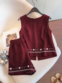 Conjunto casual de vacaciones para mujer, blusa con cuello redondo y estampado teñido anudado en la espalda, combinada con shorts estampados, para /verano - Burdeos - Ver 2