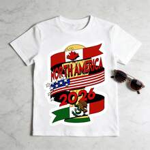 Tops para mujer de algodón de manga corta y cuello redondo, de corte regular, casual y linda, con estampado North America 2026. Ropa de verano para mujer, ropa de vacaciones para mujer, tops de mujer, tops y conjuntos de verano, ropa de verano, regalos de Pascua, regalos de la Copa Mundial 2026. - Blanco - Ver 5