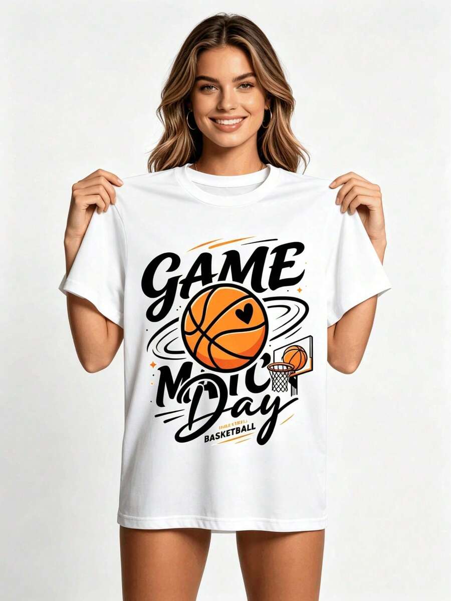 Tops para mujerUna Chaqueta deportiva y holgada para adolescentes, con estampados de baloncesto y Game Day, adornos de corazones y un diseño relajado de manga corta.Perfecto para reuniones con amigos, uso casual y ocasiones informales del día a día. - Blanco - Ver 1