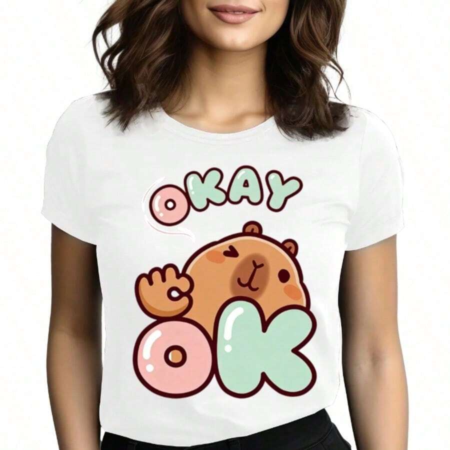 Tops para mujer de algodón de manga corta con cuello redondo y estampado de oso de dibujos animados 'OKAY OK' para mujer, estilo casual. - Blanco - Ver 1