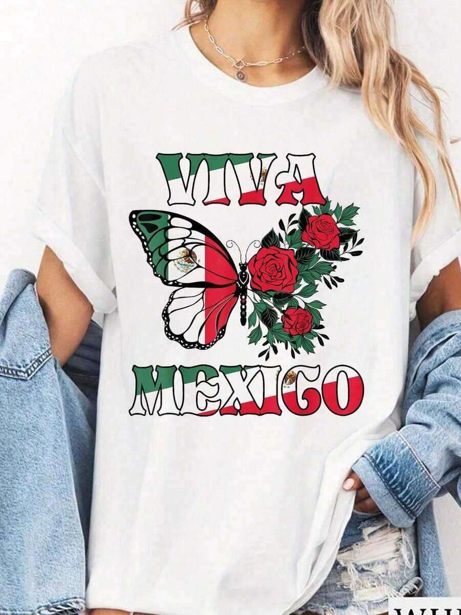 Unisex Casual T-Shirts, Beautiful, Premium Quality, 100% Cotton, Mexican Independence Day, Viva Mexico, Women's T-Shirt, Summer T-Shirts For Women - 白色 - 查看 1