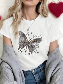 Glamorous Silver Rhinestone Butterfly Graphic T-Shirt, 100% Cotton Oversized Soft Breathable Elegant Tee, Casual Crewneck Short Sleeve Top For Parties & Fashion Lovers - 白色 - 查看 3