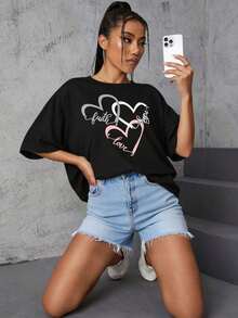 Camiseta Deportiva Casual con Letras para Oficina y Hogar - Negro - Ver 2