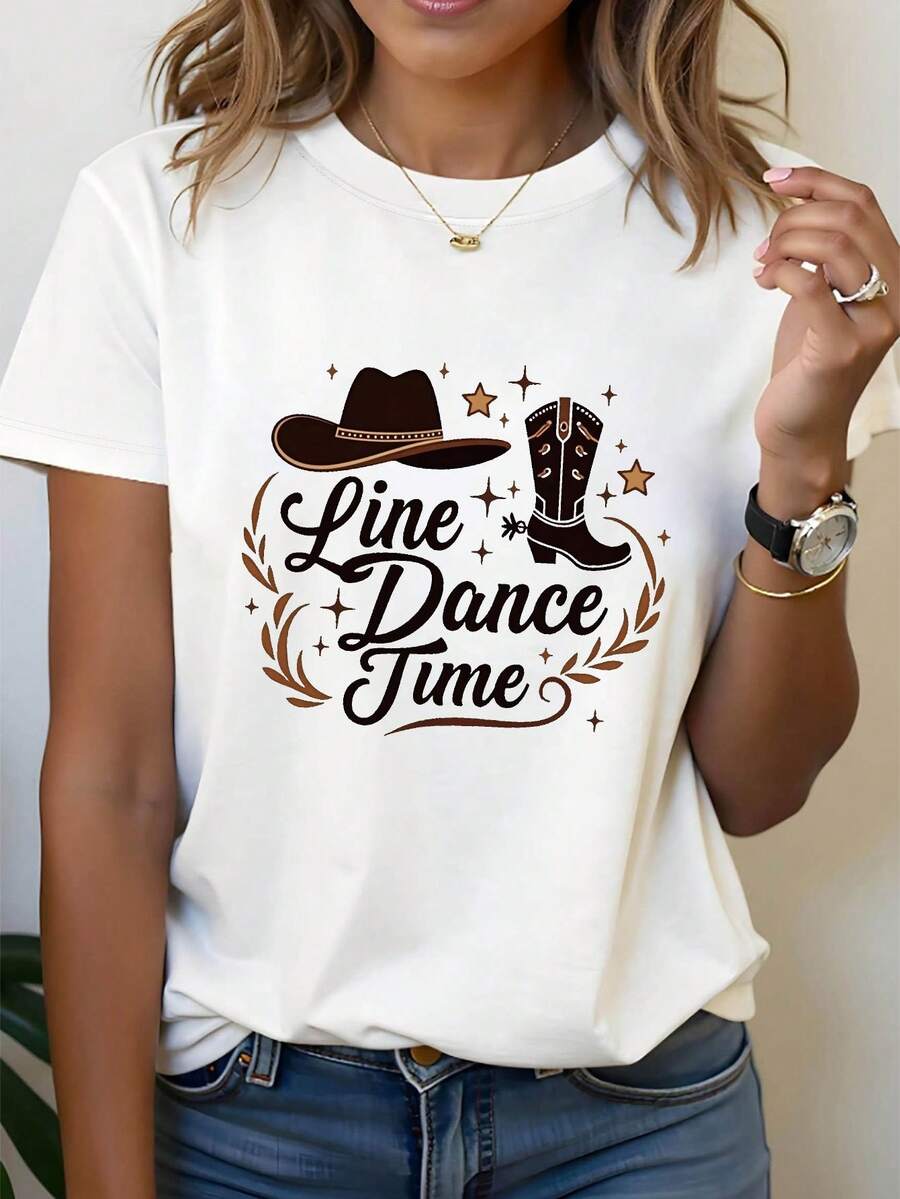 1 Stylish Women's Country-Style T-Shirt With Square Dance Print, Cowboy Hat, Boots And Text, Round Neck, Short Sleeves, 100% Cotton, For Spring And Summer. Women's Warm Clothing - 白色 - 查看 1