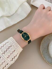1pc Retro Style Adjustable Strap Quartz Women's Watch Elliptical With Roman Numeral Scale For Compact And Perfect For Daily - Green - View 5