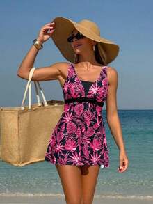 Swim Lushoire Conjunto de falda y shorts de baño de verano para mujer con estampado tropical de plantas para vacaciones en la playa - Rosa Fucsia - Ver 5