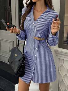 Vestido camisa casual de mujer de manga larga a rayas y abotonadura sencilla, otoño - Multicolor - Ver 6