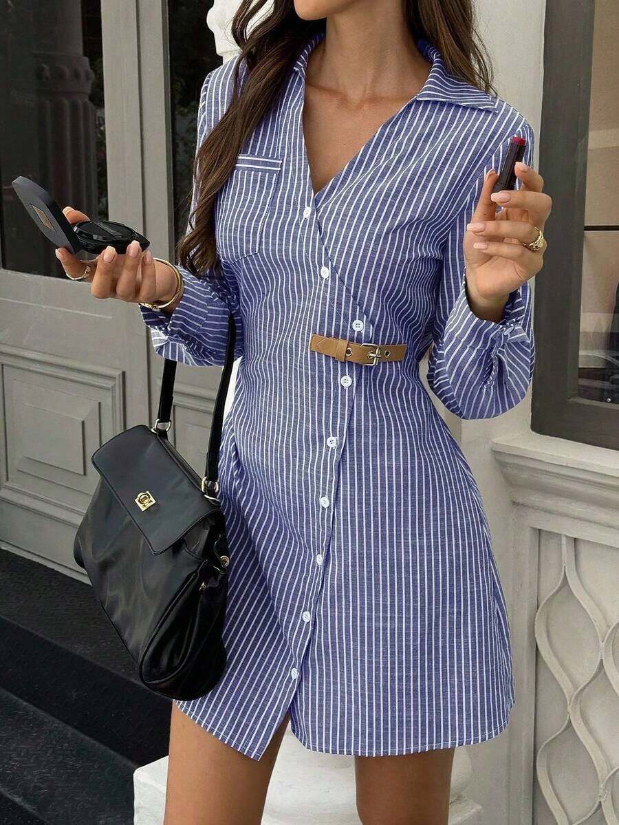 Vestido camisa casual de mujer de manga larga a rayas y abotonadura sencilla, otoño - Azul y blanco - Ver 1
