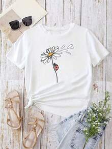 Camiseta de mujer moderna, informal, para fiestas y para estar en casa, 100% algodón, corte holgado.1pscCamisetas Gráficas para Mujer 100% Algodón con Estampado de Margaritas y Mariquitas - Camiseta de manga corta con cuello redondo, estilo casual. Lavable a máquina, adecuada para uso diario. Apta para todas las estaciones, cómoda y versátil, se puede usar sola o en capas. Cottno es un buen regalo.100%cotton - Blanco - Ver 7