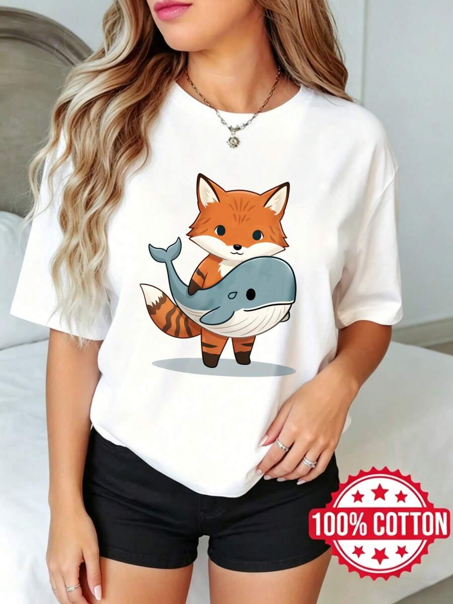 Camiseta estamp de manga corta y cuello redondo para dama, verano casual Zorro Sosteniendo Bal S-3XL 100% aodón material transpirable