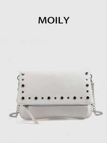 1pc Rivet Design Shoulder Crossbody Square Bag, PU Material, Metal Chain, Zipper Closure, Suitable For Shopping, Dating, Commuting, Party, Gift Giving - White - View 6