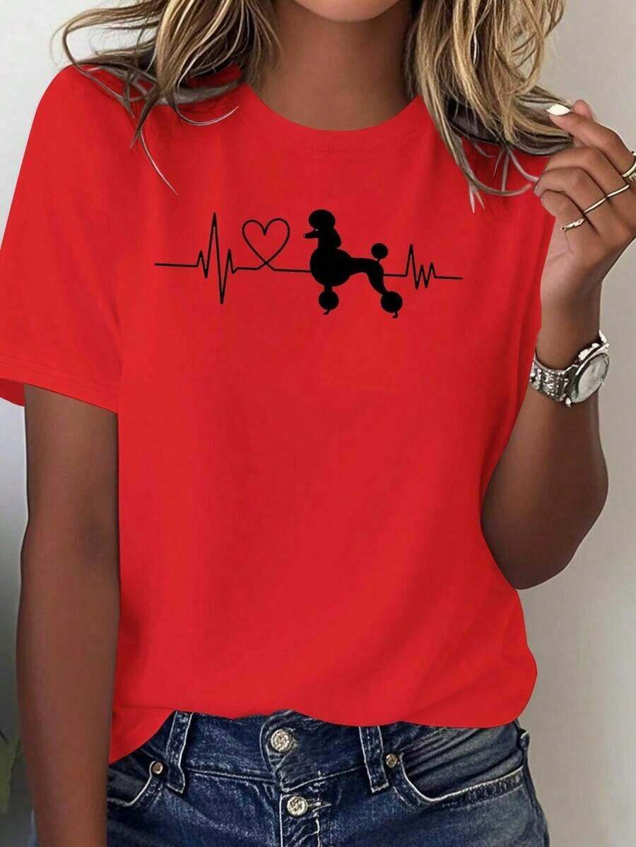 SummerLa camiseta cómoda para mujer Graphic Tees presenta la silueta de un Pomerania con líneas que simulan los latidos del corazón, y está hecha de 100% algodón.Fashion All-match Women's Short Sleeve T-shirt, Basic Style for Inner & Outer Wear - Rojo - Ver 1