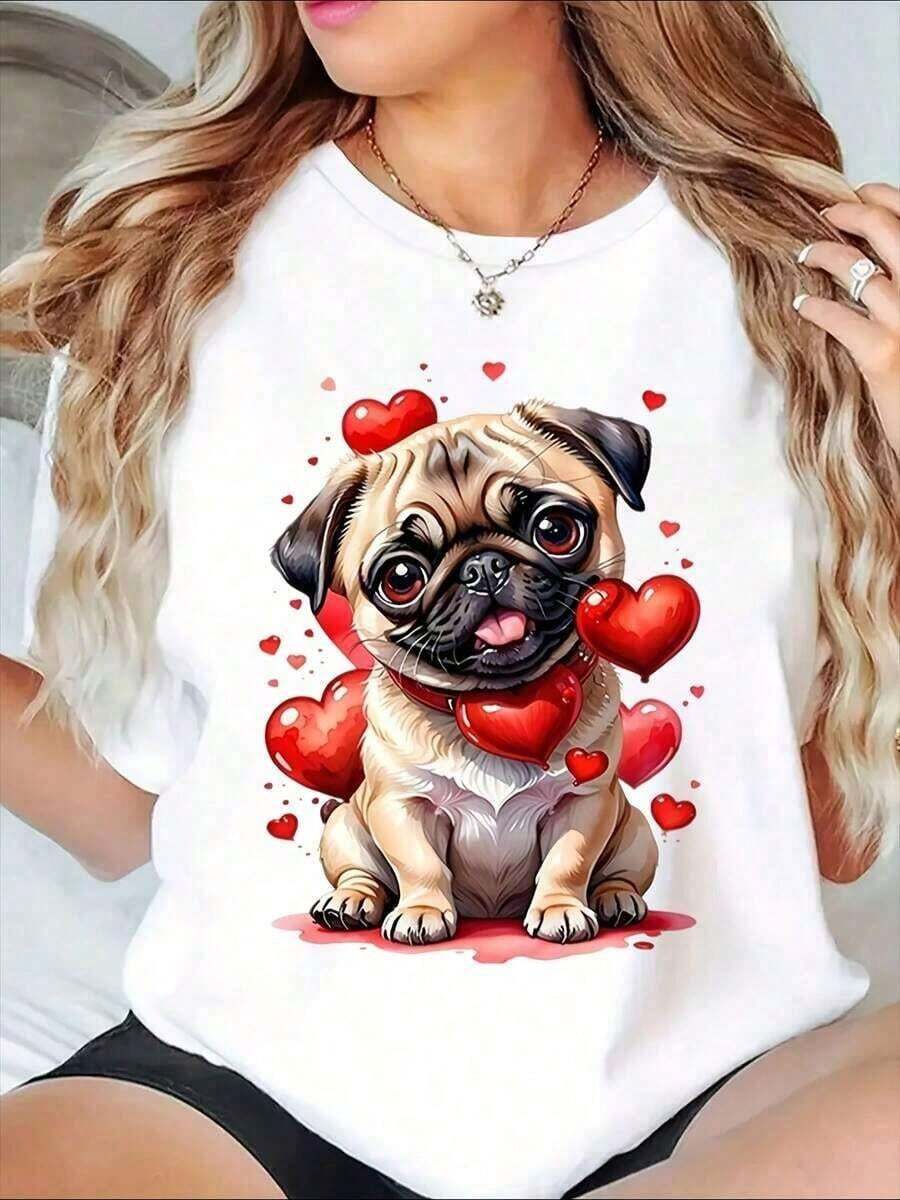 One-Piece Plus-Size Valentine's Day T-Shirt With Dog Paw Prints And Love Messages, Perfect For Dog Lovers. This Adorable Pet Design T-Shirt Features Romantic Phrases And Hearts, Making It Ideal For Valentine's Day And Pet Owners. Made From 180g Soft Cotton. - 白3 - 查看 1