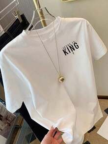 Premium Unisex Casual T-Shirt For Women, Christian Print "Jesus Is King" On Front And Back, Fashionable Short Sleeves, Double-Sided Design - Personalized Style, Everyday Wear For Women - Casual Crew Neck T-Shirt, **Low Elasticity Fabric** - Comfortable, Fitted And - 白色 - 查看 4