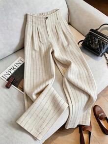 Pantalones anchos de mujer con pliegues y botones a rayas, versátiles para uso diario - Multicolor - Ver 10