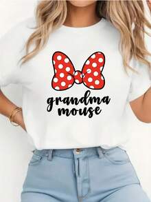 Camiseta deportiva de manga corta con cuello redondo y estampado de la abuela ratona, cómoda y transpirable, blusa casual versátil para mujer. - Blanco - Ver 4