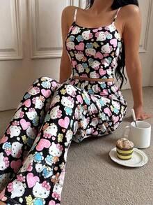 Bộ đồ ngủ nữ Hello Kitty 2 món gồm áo hai dây in họa tiết và quần ống đứng cạp chun dễ thương. - màu đen - Xem 4