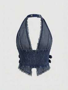 Hippie Top de mezclilla de unicolor con cuello halter y ribete con flecos para mujer - Azul lavado medio - Ver 2