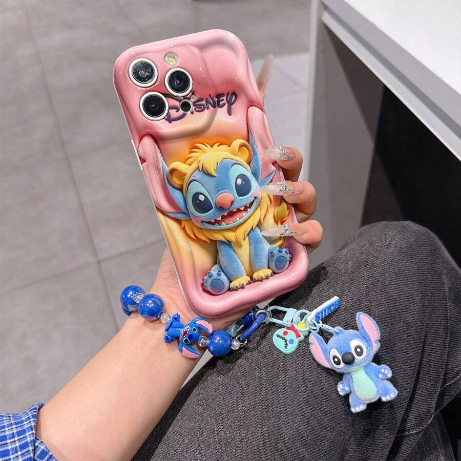 Disney Lilo & Stitch Phone Case With Stitch Charm And Stitch Lanyard - Cute Stitch Protective Case With Lion Costume And Pink Background Design, Equipped With Delicate Stitch Decorative Lanyard And Beaded Bracelet For Easy Carrying, Compatible With IPhone 17, 16, 15, 14, 13, 12, 11 Pro Series, Ideal For Birthdays, Holidays, Anniversaries, Graduation Gifts, Or Any Special Occasion To Surprise Family, Friends, Classmates, And Loved Ones. - 白色 - 查看 1