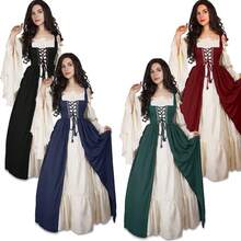 Retro Renaissance Court Dress From The Middle Ages With Lace-Up Waist, Costume For Stage Performances - Blue [skirt + Vest + Ribbon] - View 2