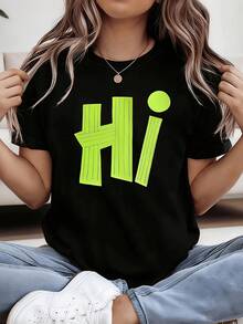 Camiseta de mujer, estampado de estilo urbano "Hi", camiseta negra de manga corta y cuello redondo - lavable a máquina, adecuada para primavera, verano y otoño, estilo casual, ajuste cómodo, diseño moderno, versátil para uso diario, tela suave, estilo a la moda. ropa de calor mujer - Negro - Ver 7