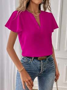 Camisa de mujer de unicolor con escote en V entallado y manga corta, informal y adecuada para el trabajo, blusas de manga corta - Rosa Fucsia - Ver 6