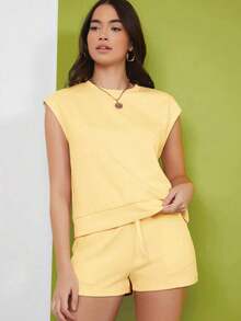 unicolor de manga murciélago Top & de cintura con cordón Shorts - Amarillo - Ver 4