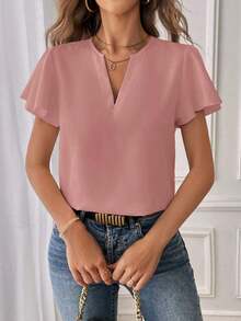 Camisa de mujer de unicolor con escote en V entallado y manga corta, informal y adecuada para el trabajo, blusas de manga corta - Rosa vieja - Ver 3