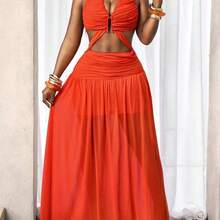 BamGlam Women's V-Neck Metal Decor Backless Flared Vacation Dress  Summer  , Summer Dress , Summer Dresses For Women , Summer Dresses  , Summer Outfits  , Summer Clothes  , Summer Outfits For Women , Summer Holiday Outfit , Summer Outfit For Women ,  Orange Beach Dress Orange Dresses For Woman - Azul Agua - Ver 5