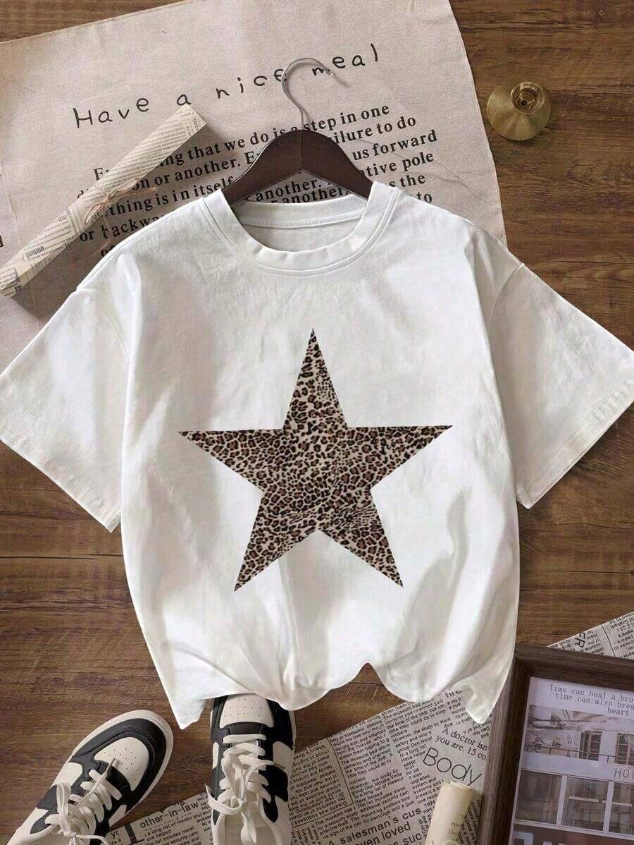 Camiseta de mujer de cuello redondo y manga corta con estampado de leopardo y estrellas, de algodón antiarrugas.Pure-Cotton - Blanco - Ver 1