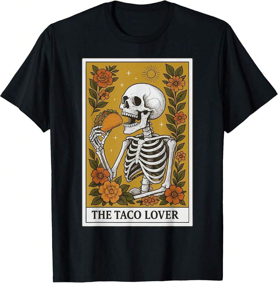 Camiseta versátil para el día a díaThe Taco Lover Tarot Card T-Shirt,camisetas de Pascua para bebés niñas,Ropa de verano,Láminas de anime,Ropa de apoyo esencial para la Copa del Mundo,Camisetas con diseños gráficos para niños pequeños, aptas para el uso diario,Camiseta de hombre - Negro - Ver 1