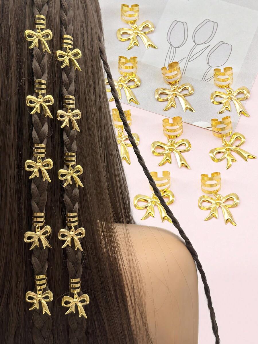 10入金色蝴蝶結髮環-優雅可調節細緻波希米亞風髮扣,適用於髒辮與編髮髮夾 - 金色 - 查看 1