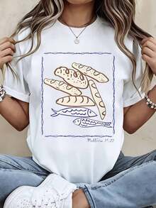 1 Piece Women's Casual Loose Fit White Short Sleeve Round Neck T-Shirt With Bread And Fish Print Design, Bible Verse Matthew 14:23, 180g 100% Cotton - 白色 - 查看 7