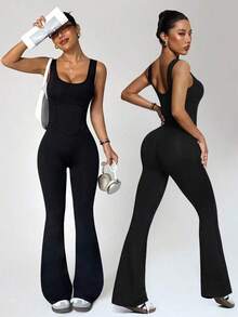 Mono de mujer negro de ropa deportiva, diseño de cintura alta, cuello en U y espalda en U, adecuado para uso diario casual, gimnasio, yoga, correr, primavera/verano - Negro 2 - Ver 1