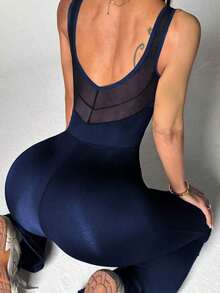 Mono de mujer negro de ropa deportiva, diseño de cintura alta, cuello en U y espalda en U, adecuado para uso diario casual, gimnasio, yoga, correr, primavera/verano - Azul marino - Ver 6