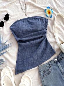 Blusa ajustada con diseño arrugado, abertura lateral y bajo asimétrico en textura azul para vacaciones de mujer - Azul - Ver 1