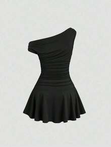 Vestido mini de unicolor con cuello asimétrico elegante para uso diario para mujer - Negro - Ver 2
