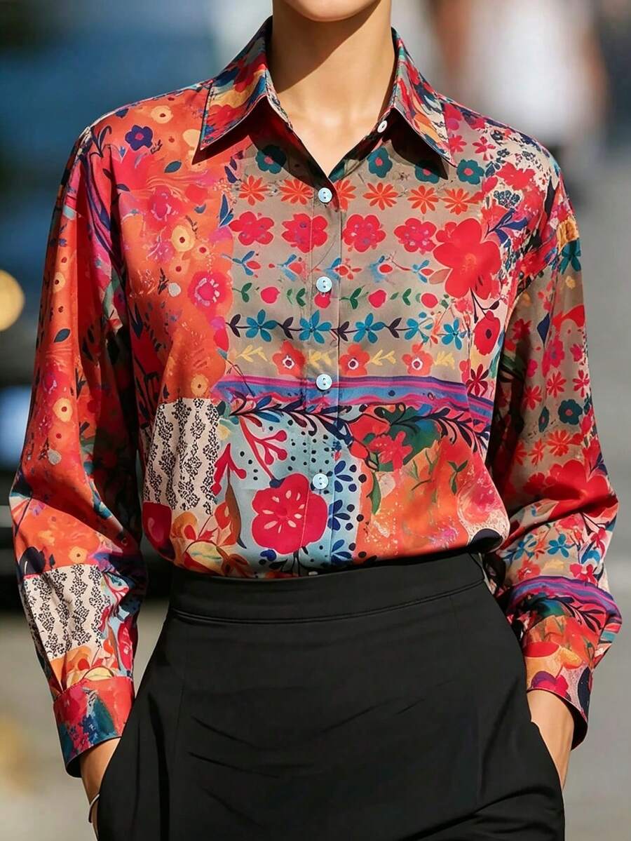 YI XUAN 女款拼接花卉印花長袖襯衫 領口繫帶鈕扣前開 正長度上衣 度假風