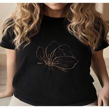Women's Casual Black Cotton Round Neck Short Sleeve T-Shirt with Elegant Floral Print Stretchy Regular Fit Top - Negro - Ver 1
