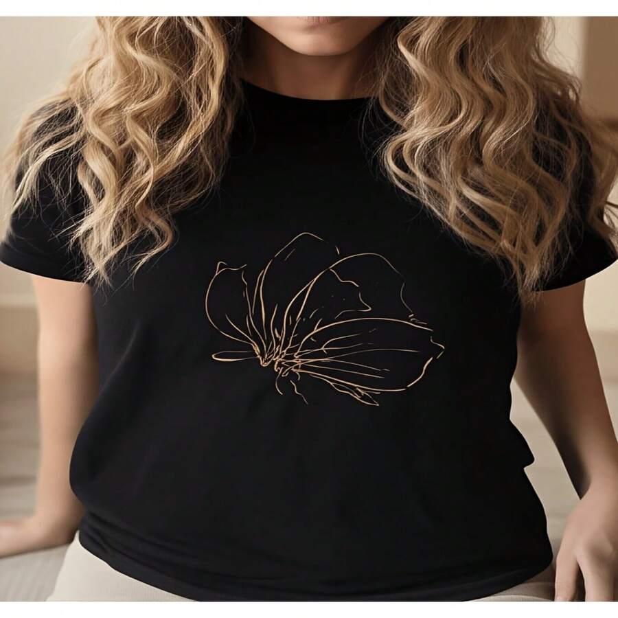 Women's Casual Black Cotton Round Neck Short Sleeve T-Shirt with Elegant Floral Print Stretchy Regular Fit Top - Negro - Ver 1