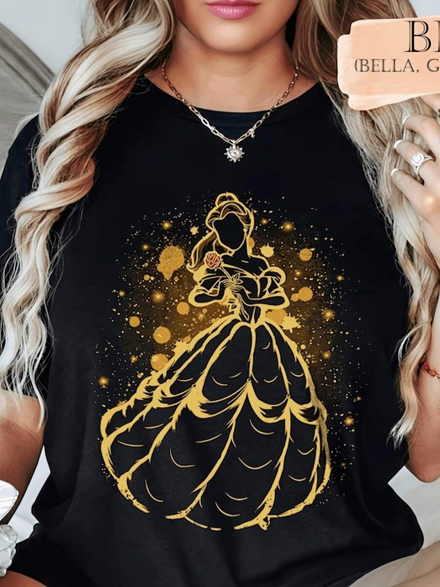 Tallas Grandes, Pascua, Día de la Madre, Día del Verano, Ropa de Tallas Grandes para Mujer, Camiseta Casual de Manga Corta con Cuello Redondo para Mujer, Tejido de Elasticidad Media, Adecuada para un Ajuste Cómodo en Todas las Temporadas, Camiseta con Estampado Plano 2D Único, 2D Plano - Negro - Ver 1