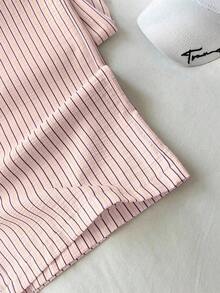 1 pieza Pantalones casuales de mujer a rayas amarillas, tela de burbujas arrugada, cintura súper baja con cordón, pantalones rectos de ajuste relajado, casual y romántico - Rosa - Ver 4